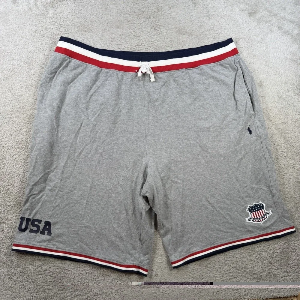 Polo Ralph Lauren Shorts Mens 5XB Grey Drawstring Sweat USA Flag Crest Gym